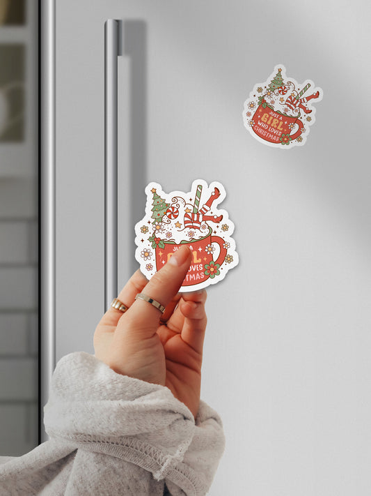 Just A Girl Who Loves Christmas Cocoa Groovy Red Christmas Magnet