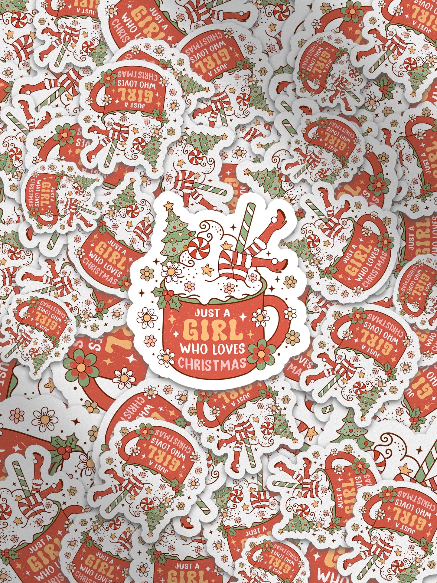 Just A Girl Who Loves Christmas Cocoa Groovy Red Christmas Sticker