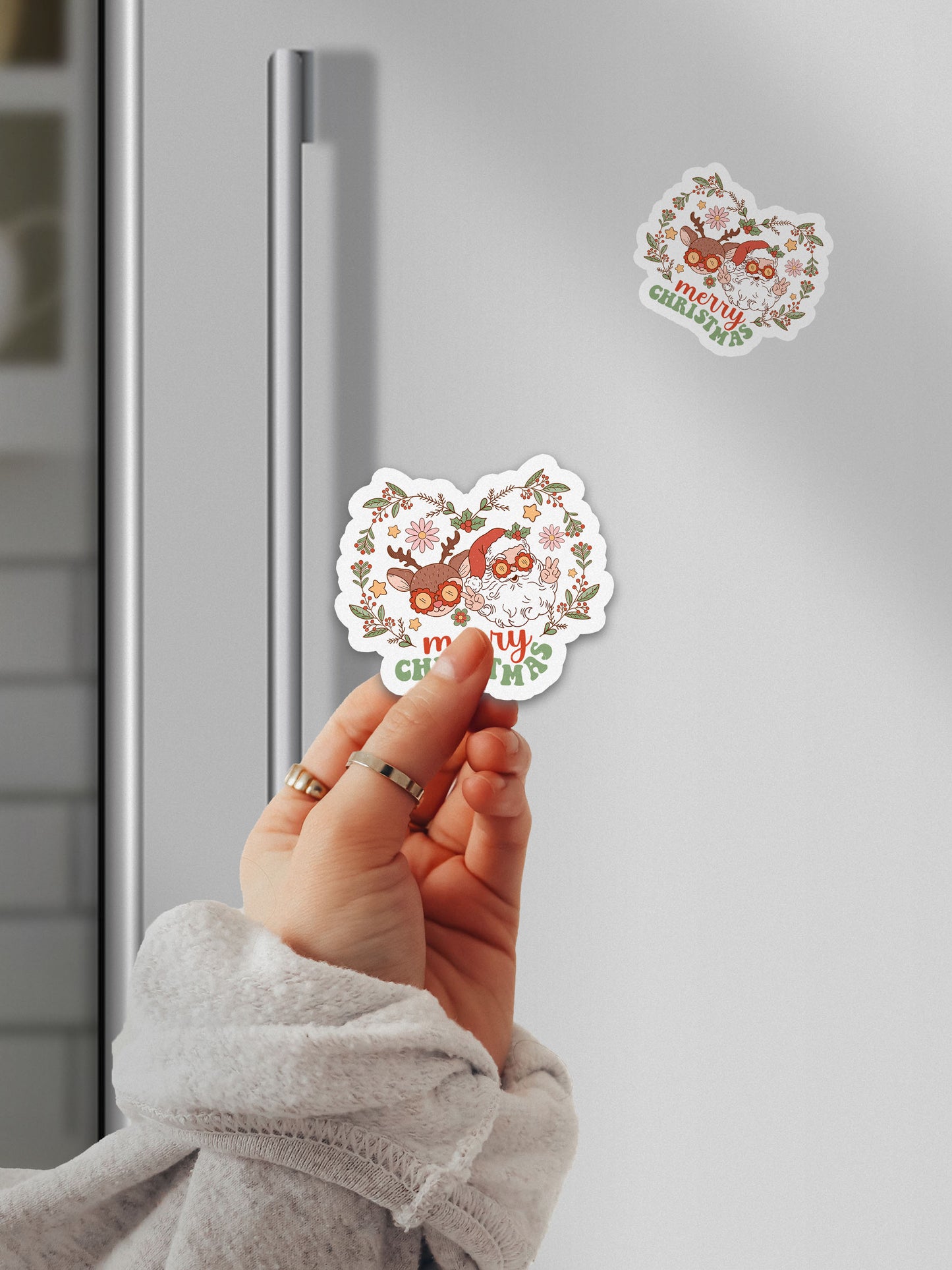 Merry Christmas Retro Santa & Rudolph Groovy Red Christmas Magnet