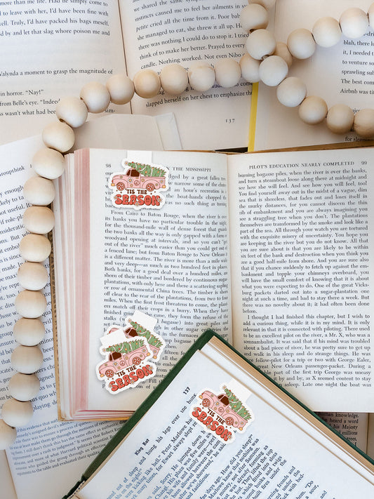 Tis The Season Vintage Pickup Truck Tree Groovy Red Christmas Magnetic Bookmark