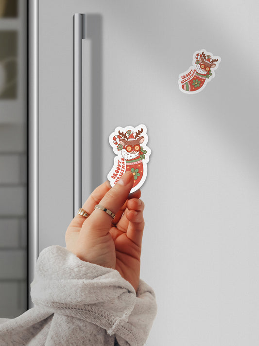 Merry Christmas Rudolph Stocking Groovy Red Christmas Magnet