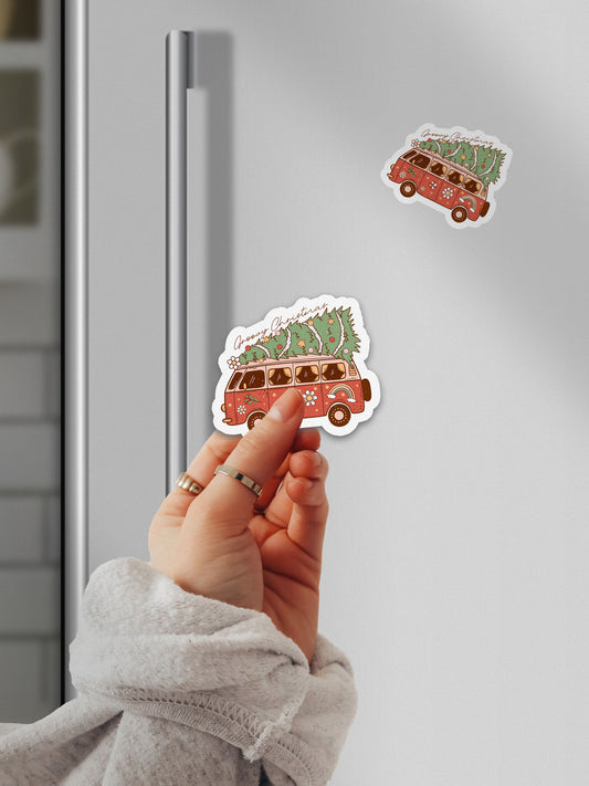 Merry Christmas Vintage Van Tree Groovy Red Christmas Magnet