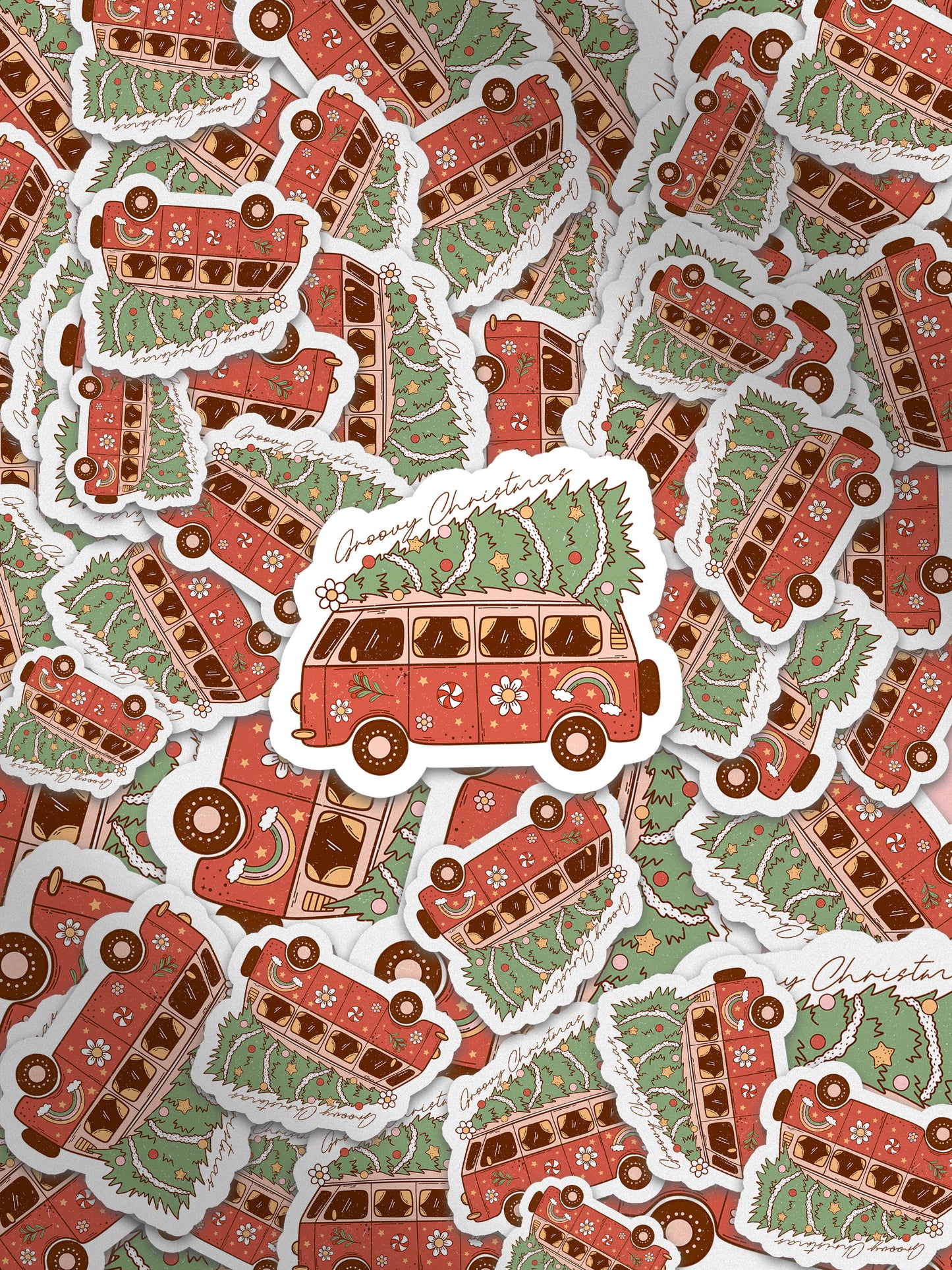 Merry Christmas Vintage Van Tree Groovy Red Christmas Sticker