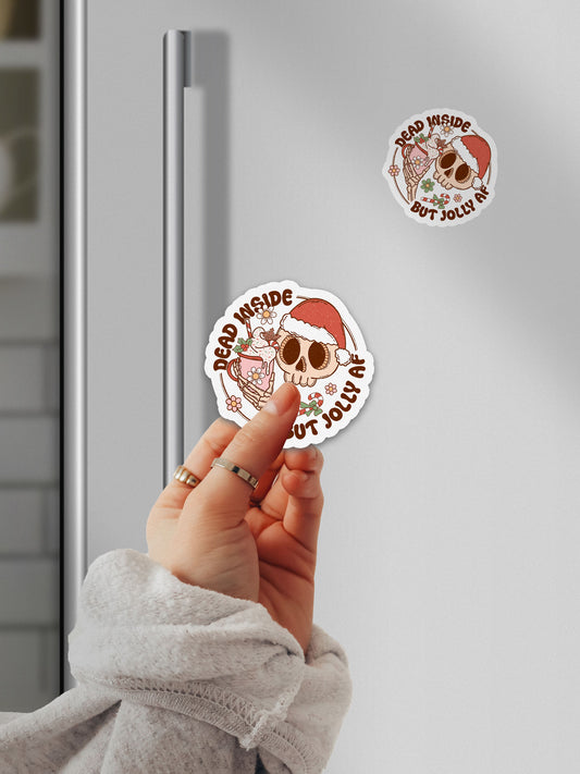 Dead Inside But Jolly AF Skeleton Groovy Red Christmas Magnet