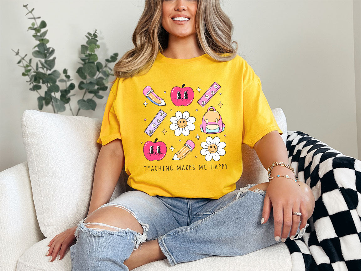 Teaching Makes Me Happy Groovy Teacher DTF Transfer Print