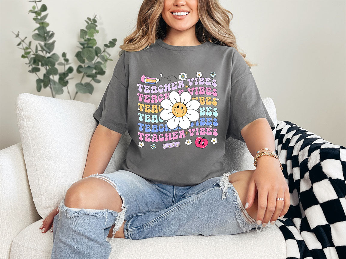 Teacher Vibes Layered Flower Groovy Teacher DTF Transfer Print