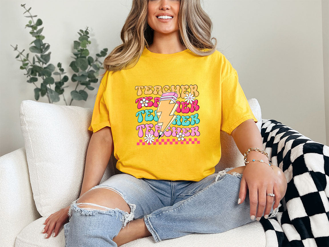 Teacher Layered Lightning Groovy Teacher DTF Transfer Print