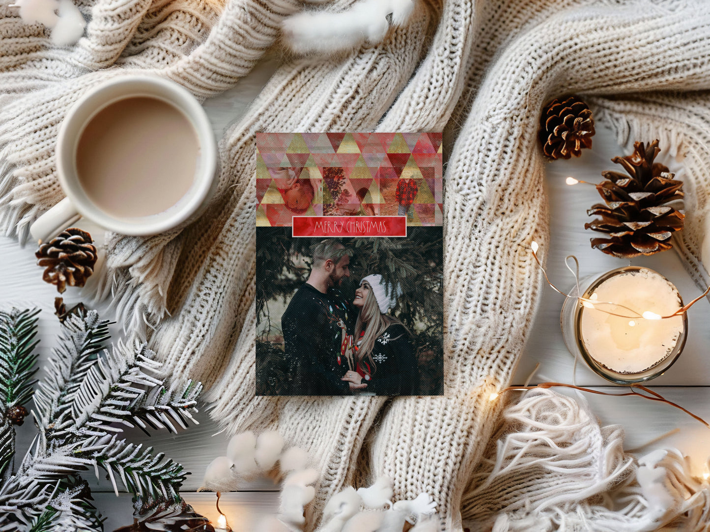 Red & Gold Triangles Custom Photo Christmas Card