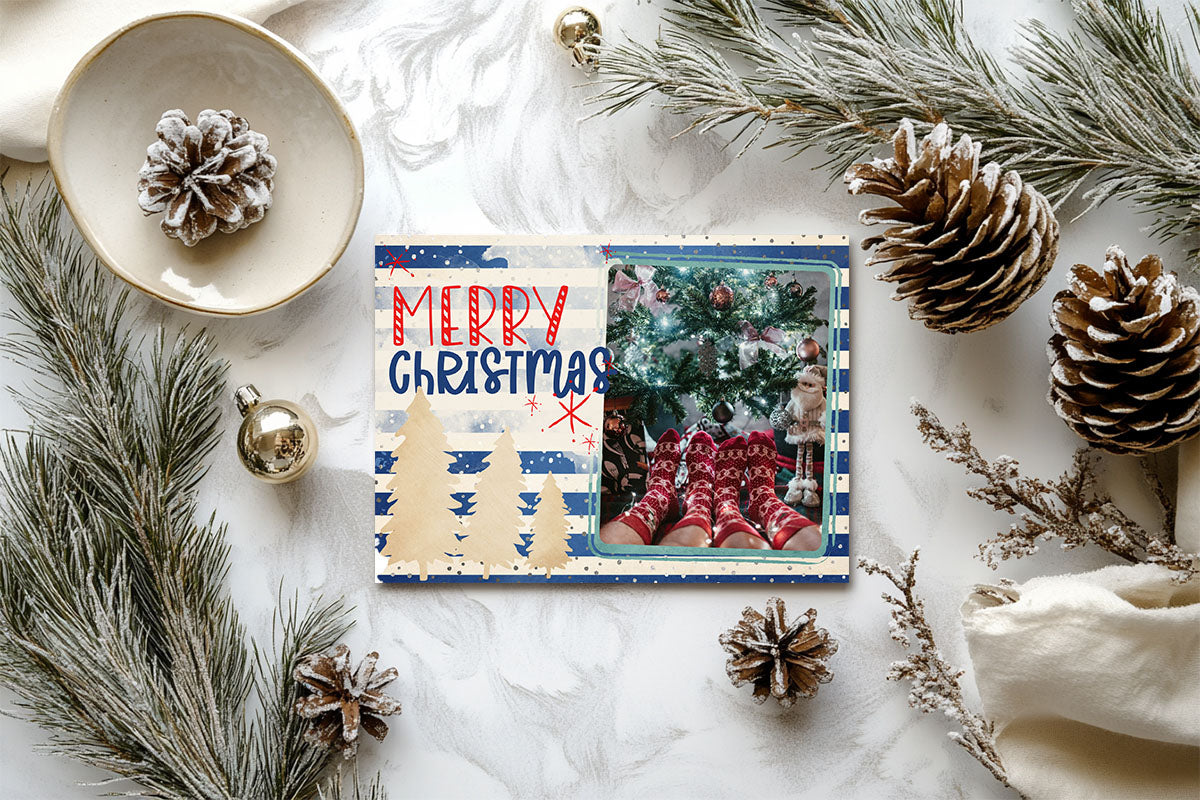 Mery Christmas Gold Trees Blue Stripes Custom Photo Christmas Card