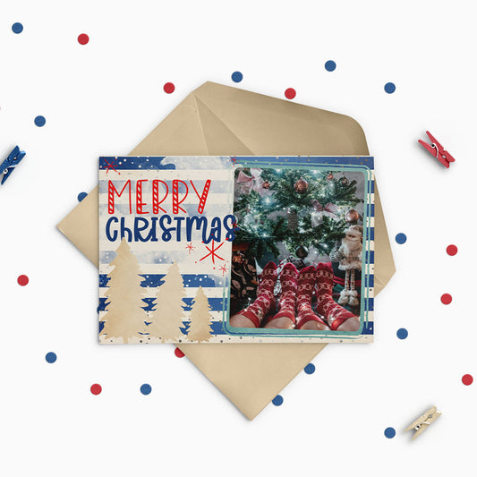 Mery Christmas Gold Trees Blue Stripes Custom Photo Christmas Card