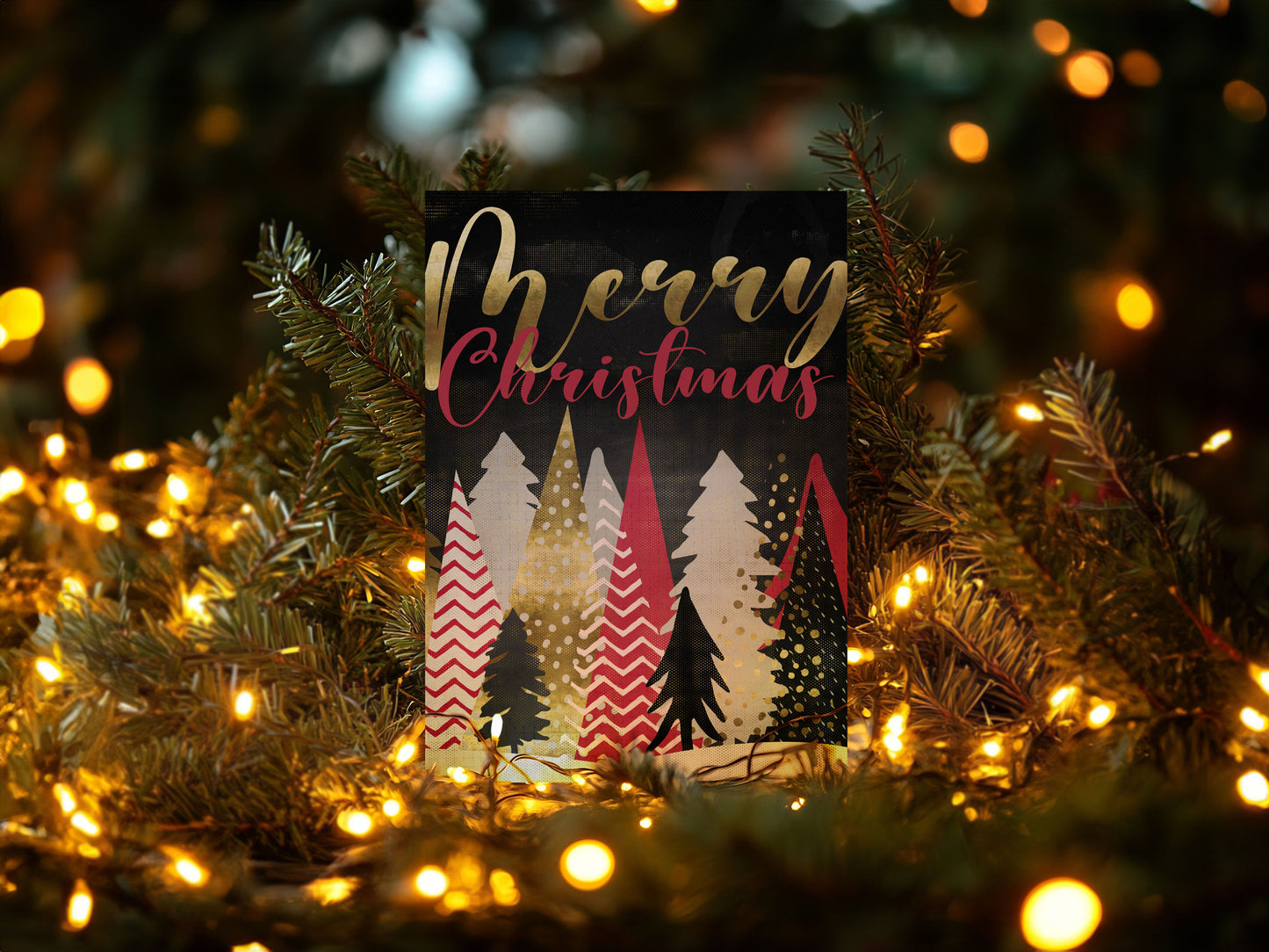 Merry Christmas Gold Night Trees Custom Photo Christmas Card
