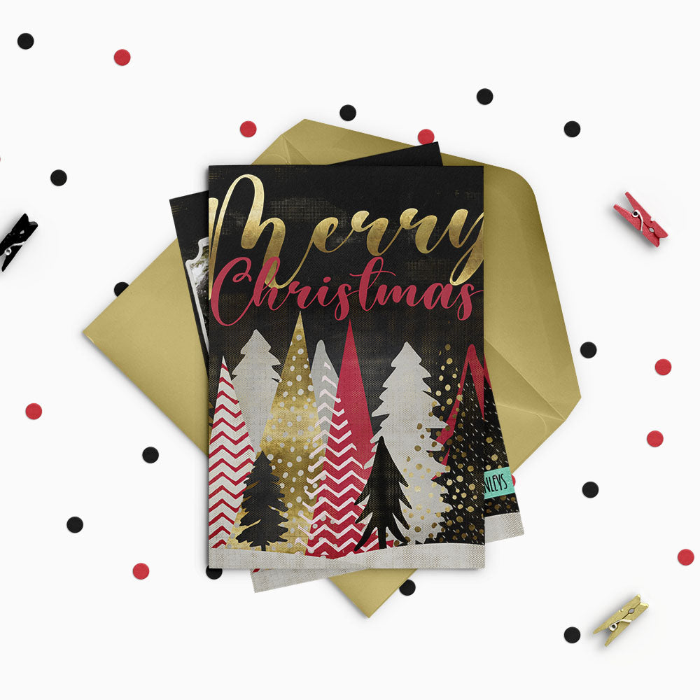 Merry Christmas Gold Night Trees Custom Photo Christmas Card