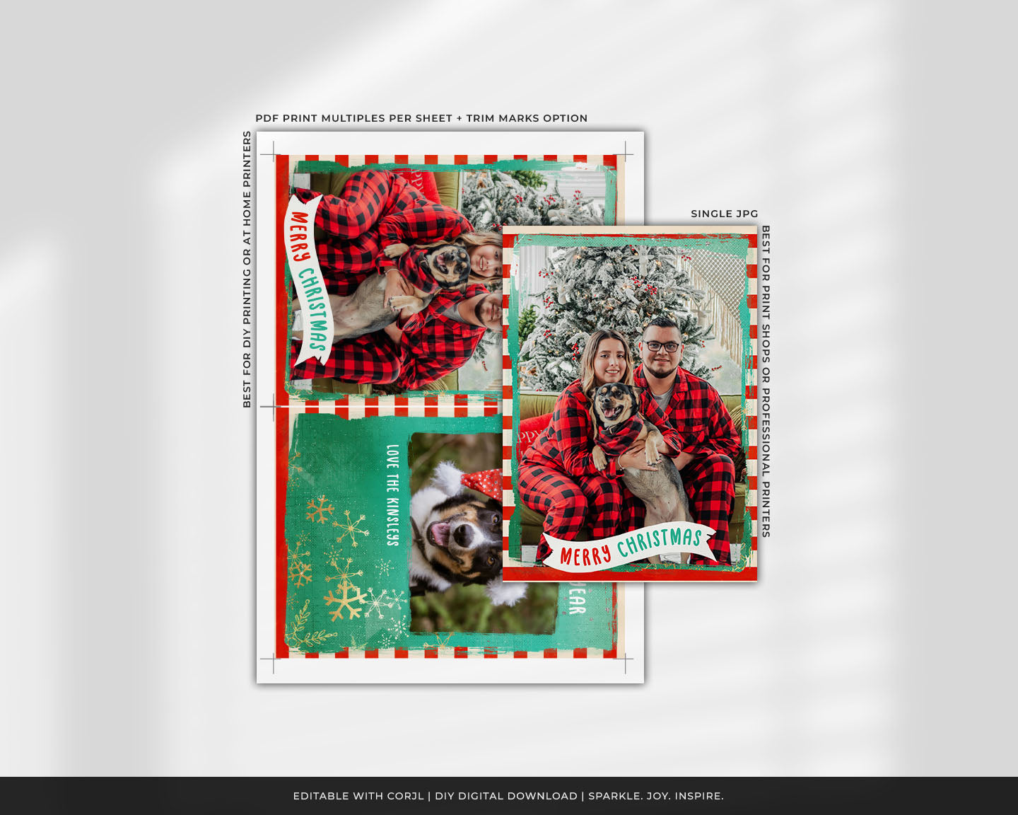 Bright & Bold Red Striped Green Custom Photo Christmas Card
