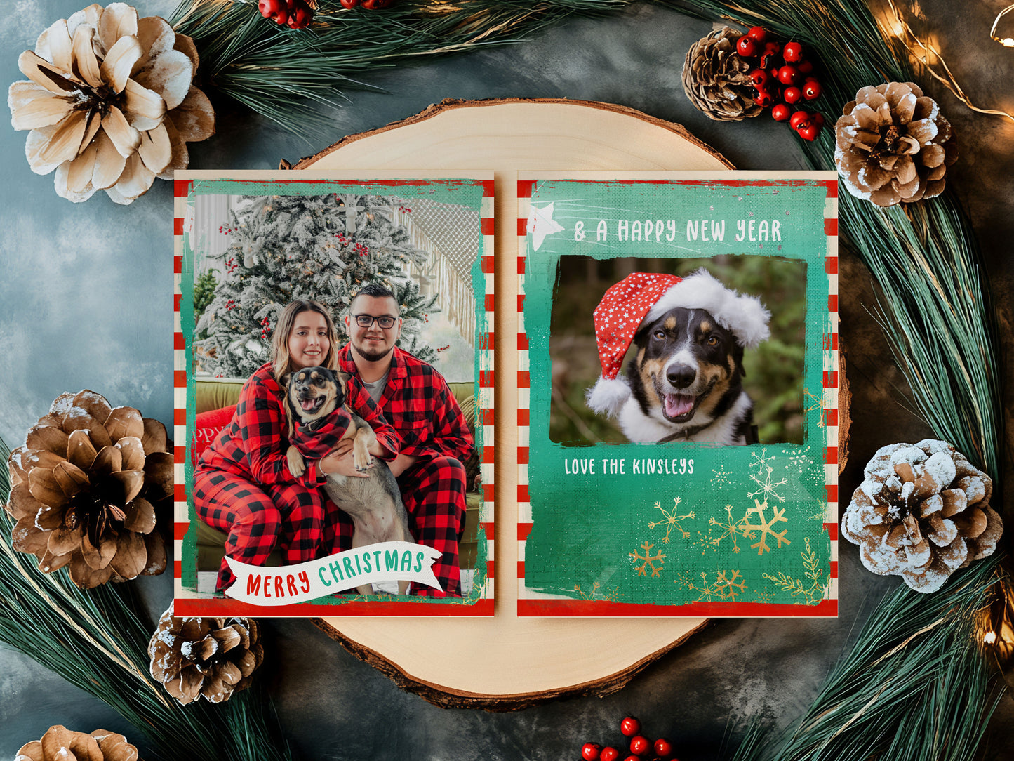 Bright & Bold Red Striped Green Custom Photo Christmas Card