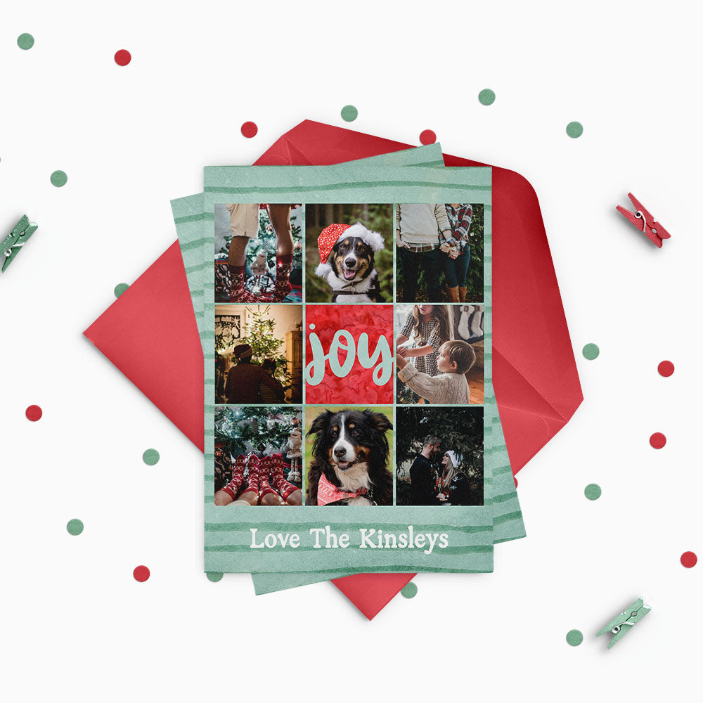 Watercolor Striped Bronze Pine Collage Custom Photo Christmas Card