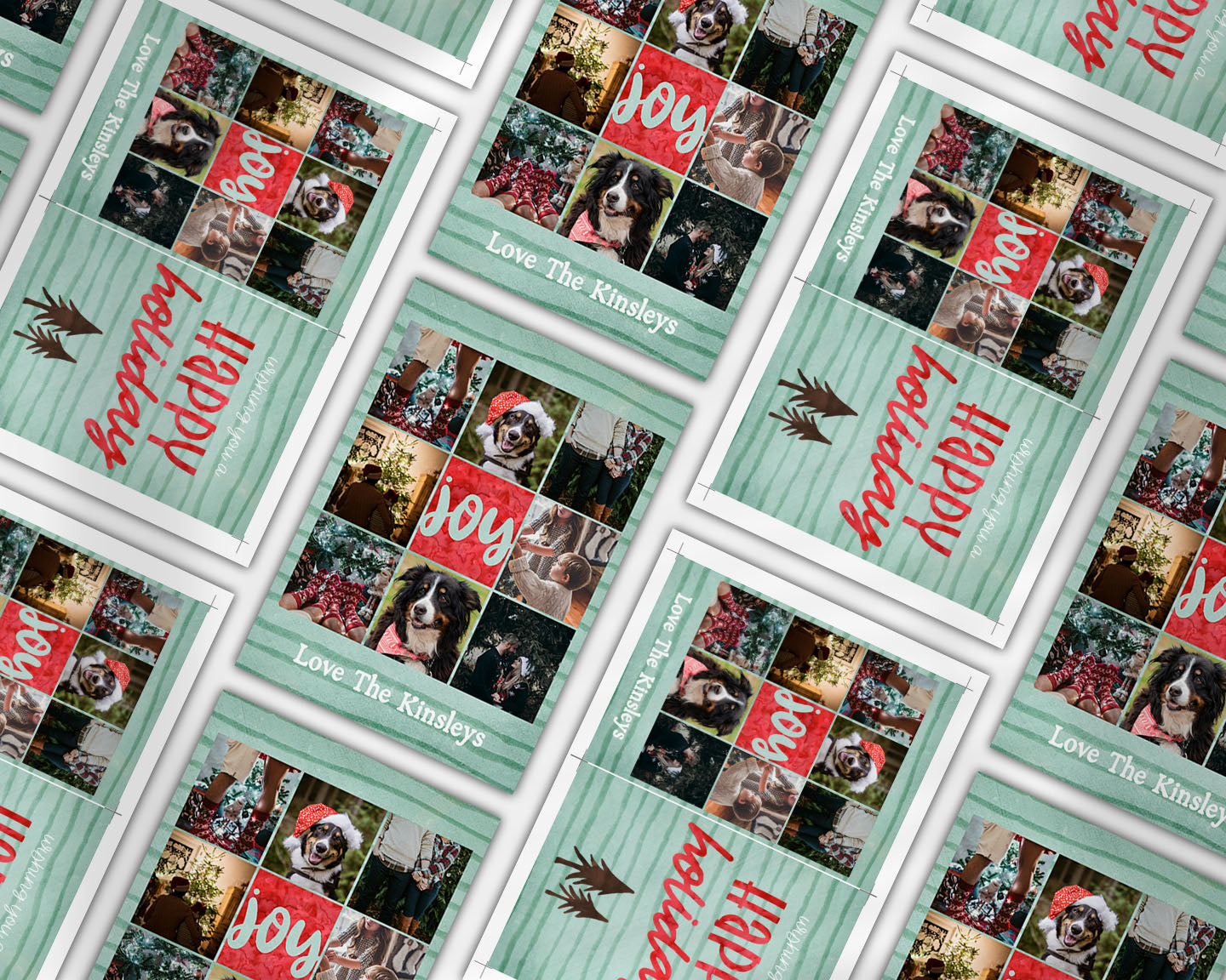 Watercolor Striped Bronze Pine Collage Custom Photo Christmas Card