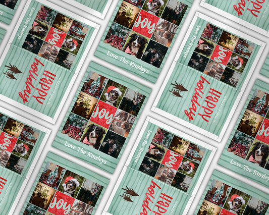 Watercolor Striped Bronze Pine Collage Custom Photo Christmas Card