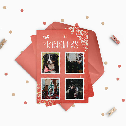 Watercolor Red Florals Custom Photo Christmas Card