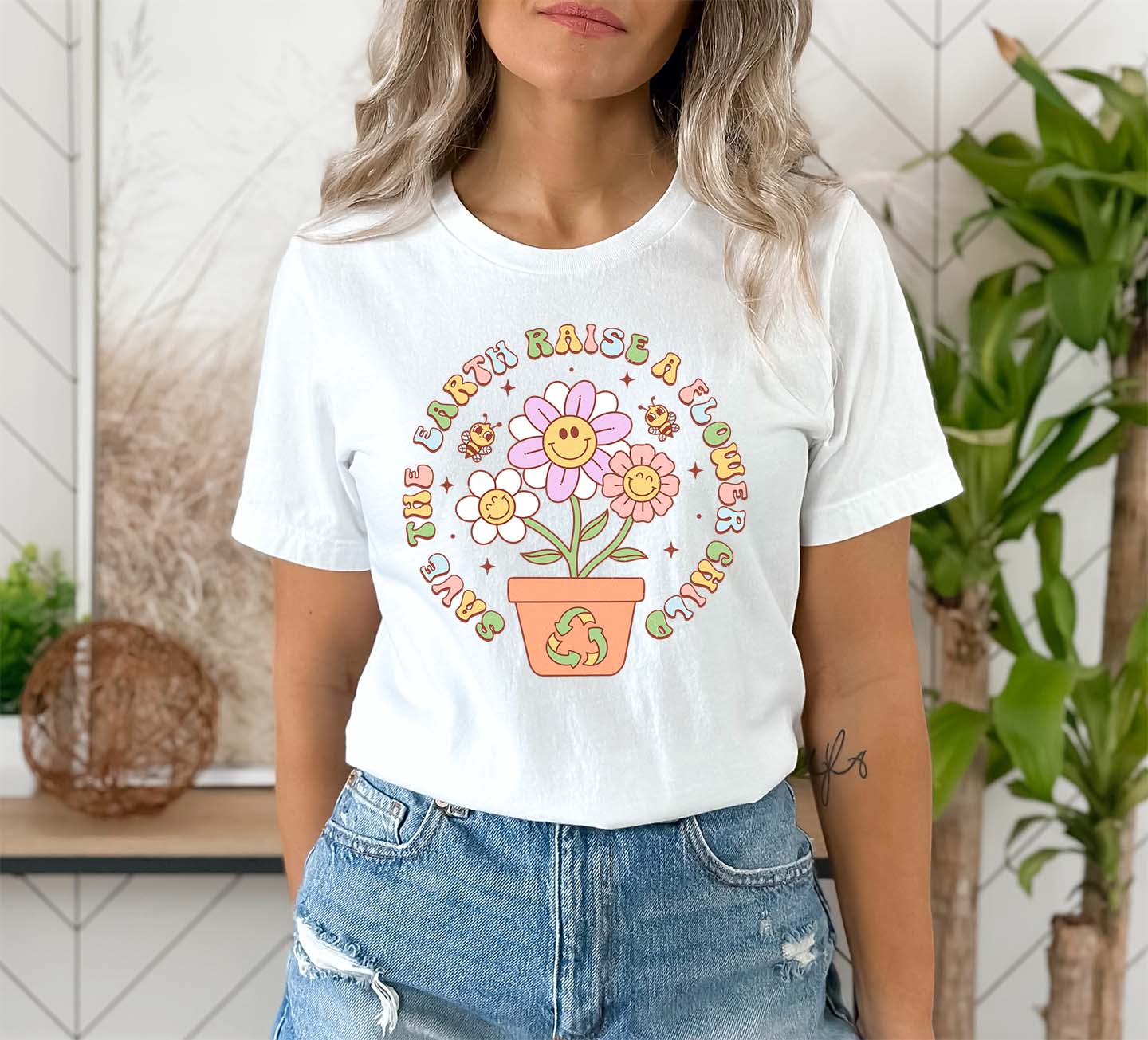 Save The Earth Raise A Flower Child Earth Day Vibes DTF Transfer Print