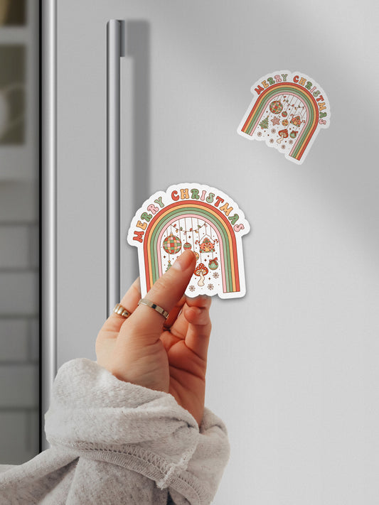 Merry Christmas Rainbow Groovy Red Christmas Magnet