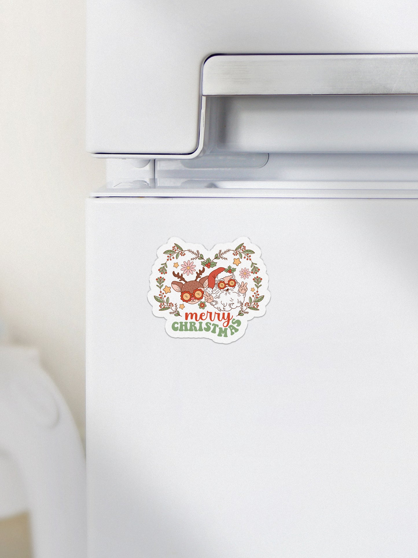 Merry Christmas Retro Santa & Rudolph Groovy Red Christmas Magnet