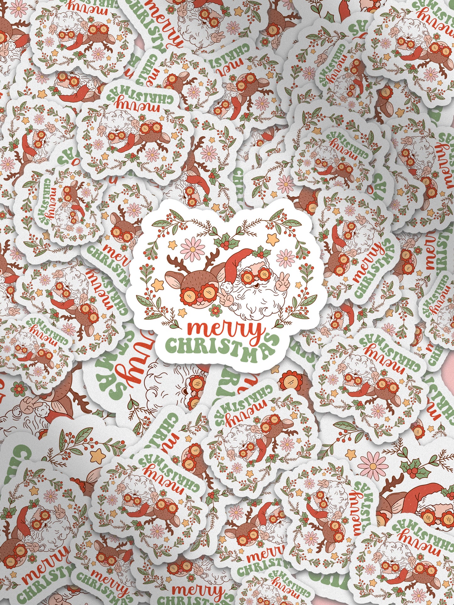 Merry Christmas Retro Santa & Rudolph Groovy Red Christmas Sticker