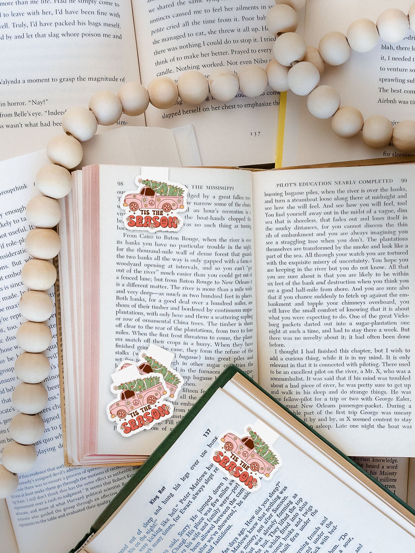 Tis The Season Vintage Pickup Truck Tree Groovy Red Christmas Magnetic Bookmark