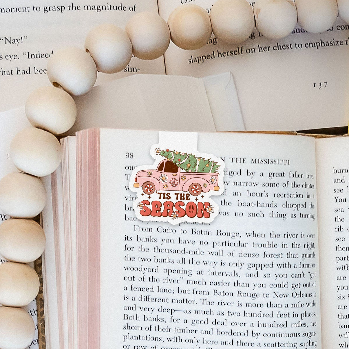 Tis The Season Vintage Pickup Truck Tree Groovy Red Christmas Magnetic Bookmark