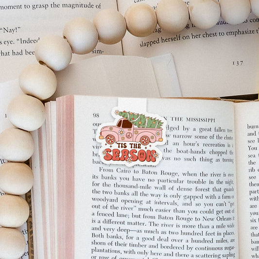 Tis The Season Vintage Pickup Truck Tree Groovy Red Christmas Magnetic Bookmark