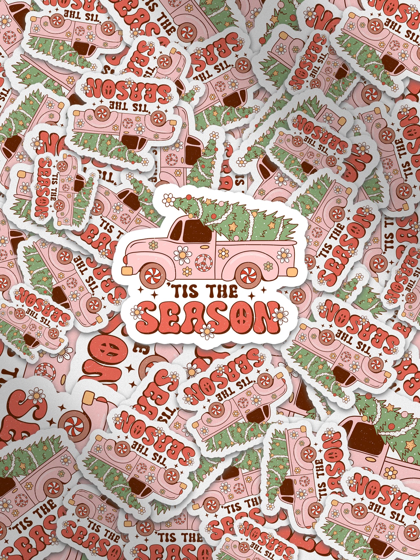 Tis The Season Vintage Pickup Truck Tree Groovy Red Christmas Sticker