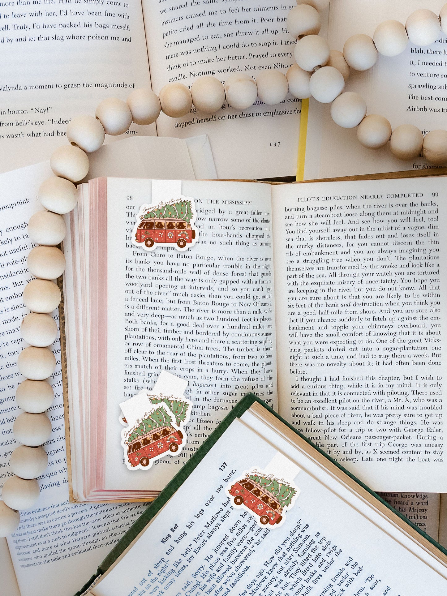 Merry Christmas Vintage Van Tree Groovy Red Christmas Magnetic Bookmark