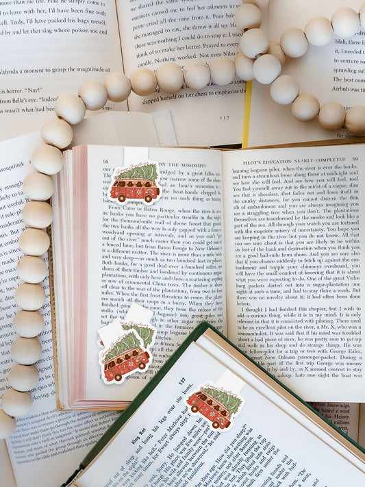 Merry Christmas Vintage Van Tree Groovy Red Christmas Magnetic Bookmark