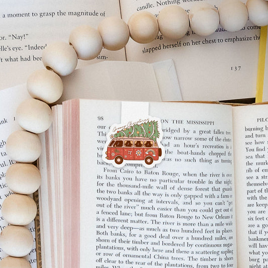 Merry Christmas Vintage Van Tree Groovy Red Christmas Magnetic Bookmark