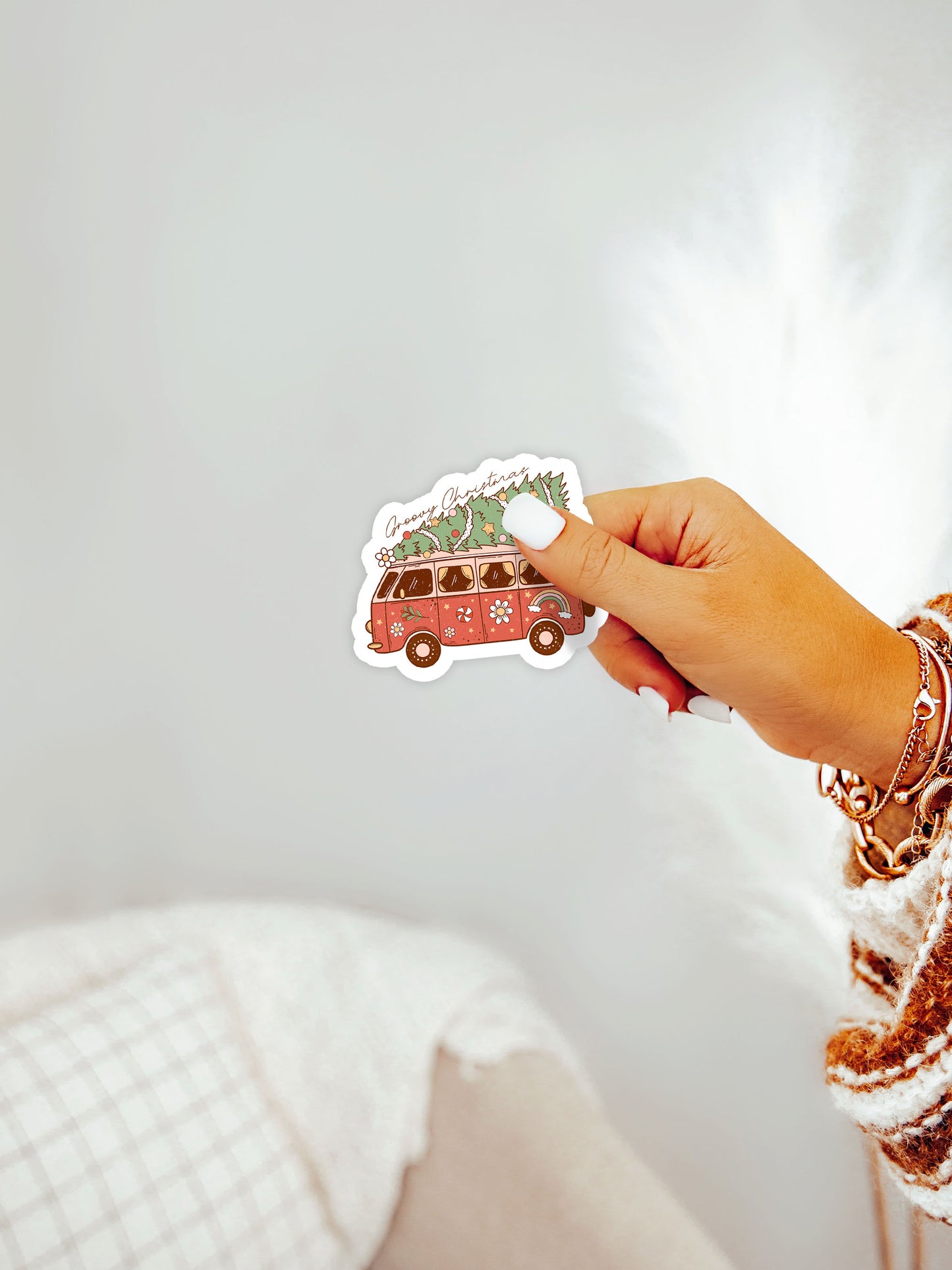 Merry Christmas Vintage Van Tree Groovy Red Christmas Magnet