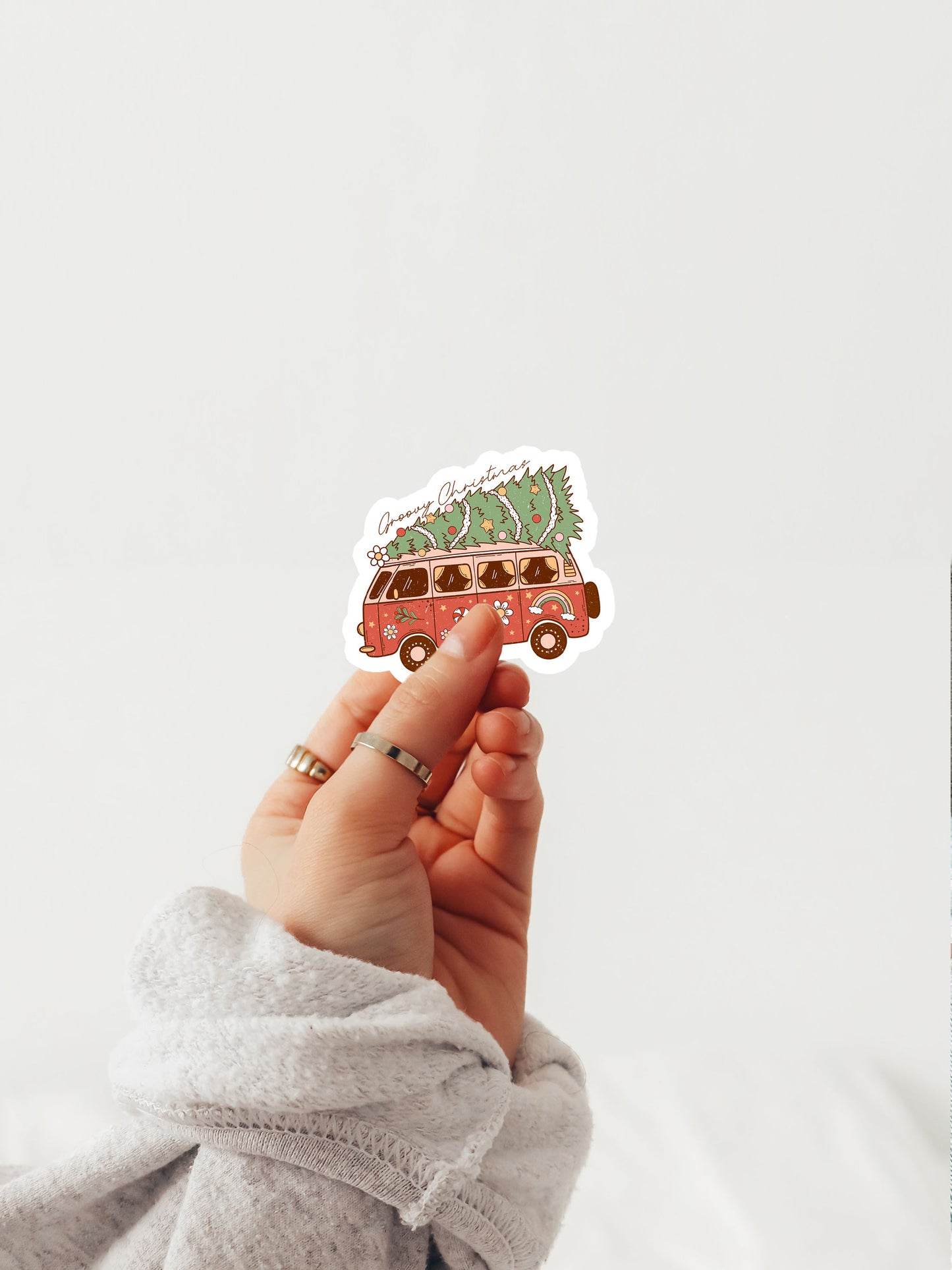 Merry Christmas Vintage Van Tree Groovy Red Christmas Sticker