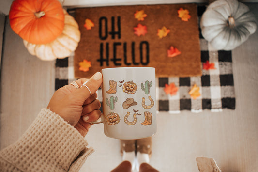 Pumpkin Boots Collage Howdy Western Halloween Mug