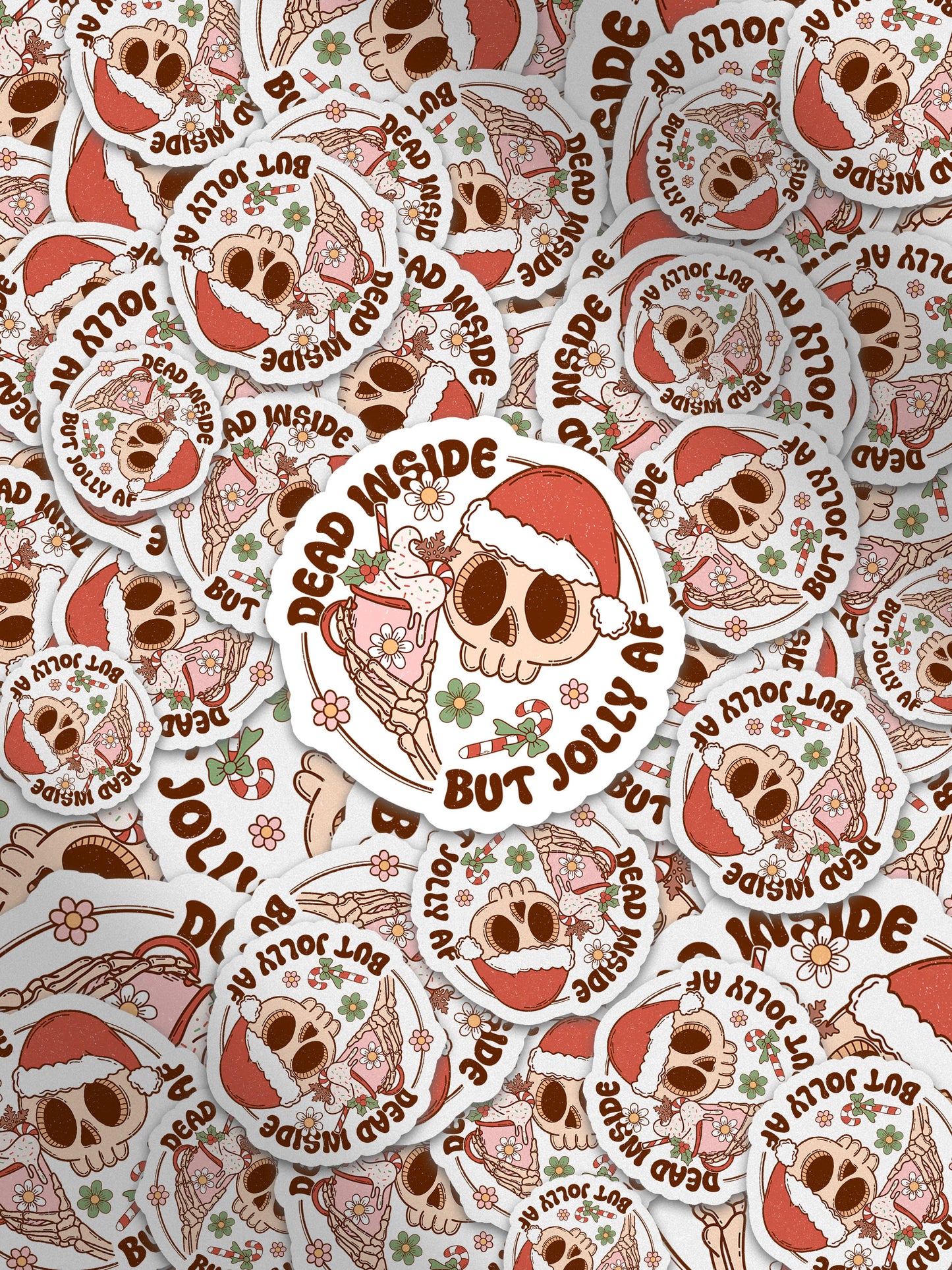 Dead Inside But Jolly AF Skeleton Groovy Red Christmas Sticker