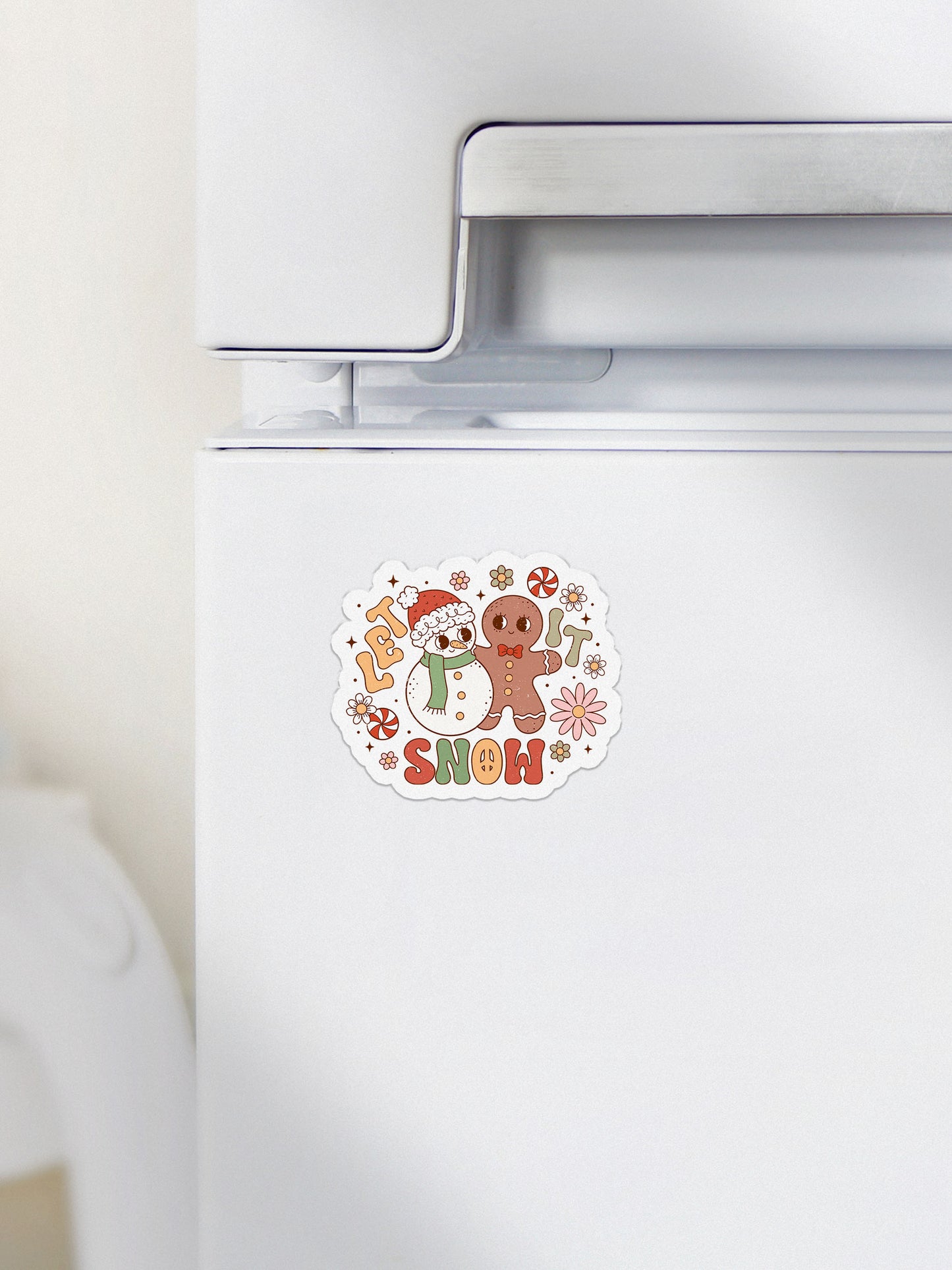Let It Snow Gingerbread & Snowman Groovy Red Christmas Magnet