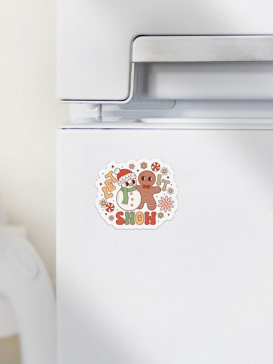 Let It Snow Gingerbread & Snowman Groovy Red Christmas Magnet