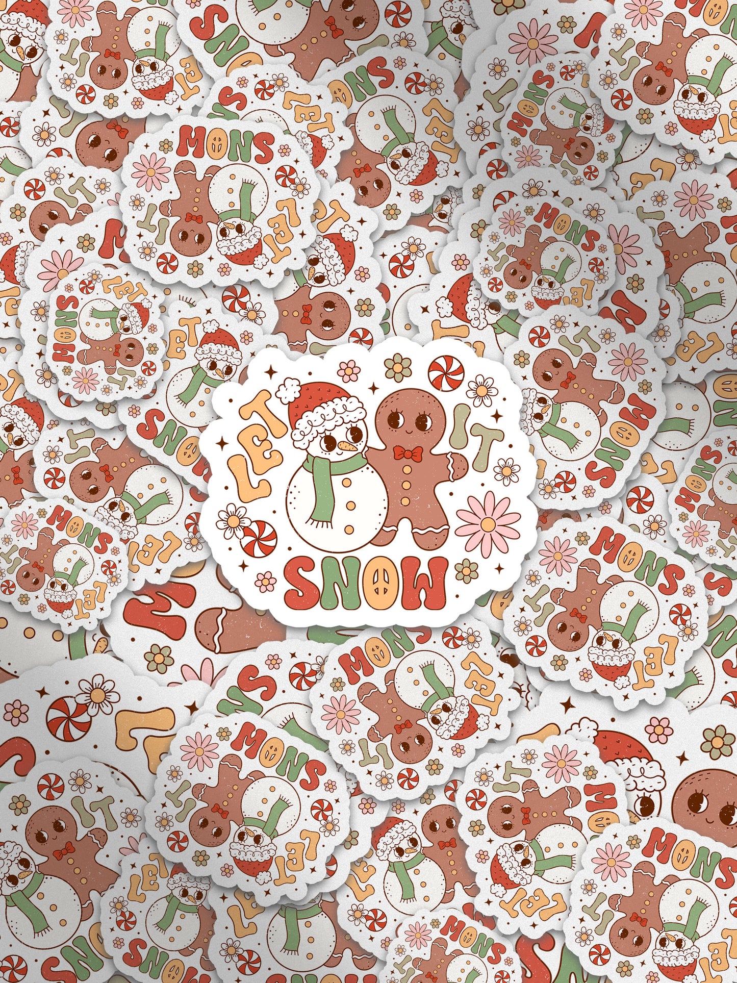 Let It Snow Gingerbread & Snowman Groovy Red Christmas Sticker