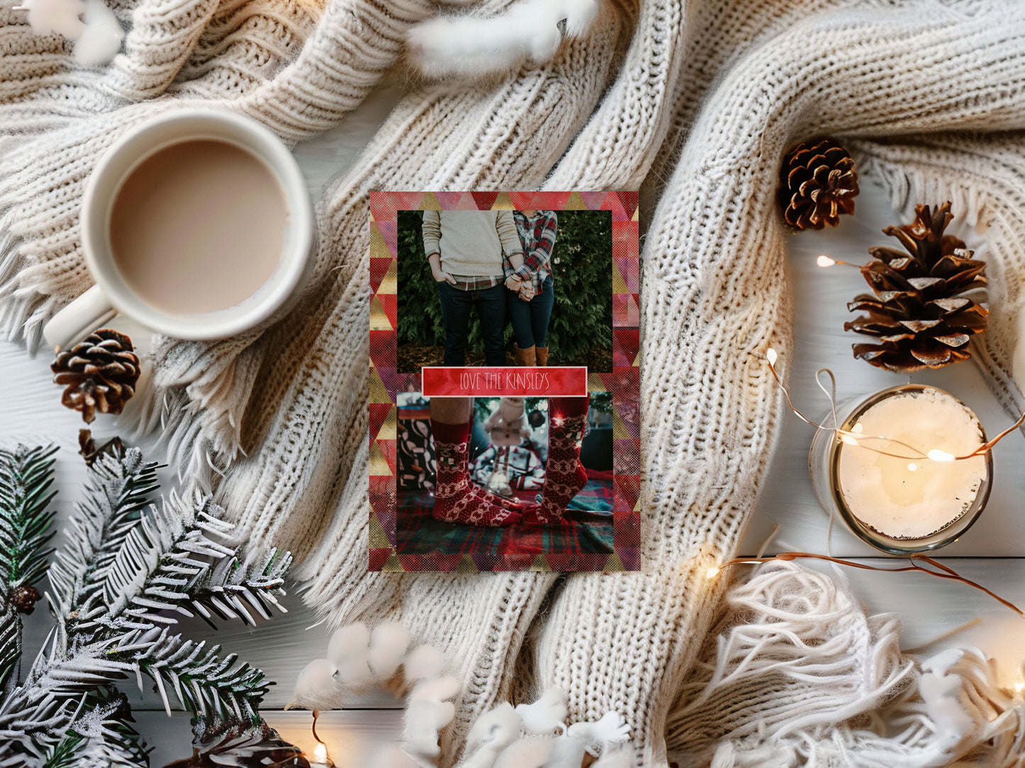 Red & Gold Triangles Custom Photo Christmas Card