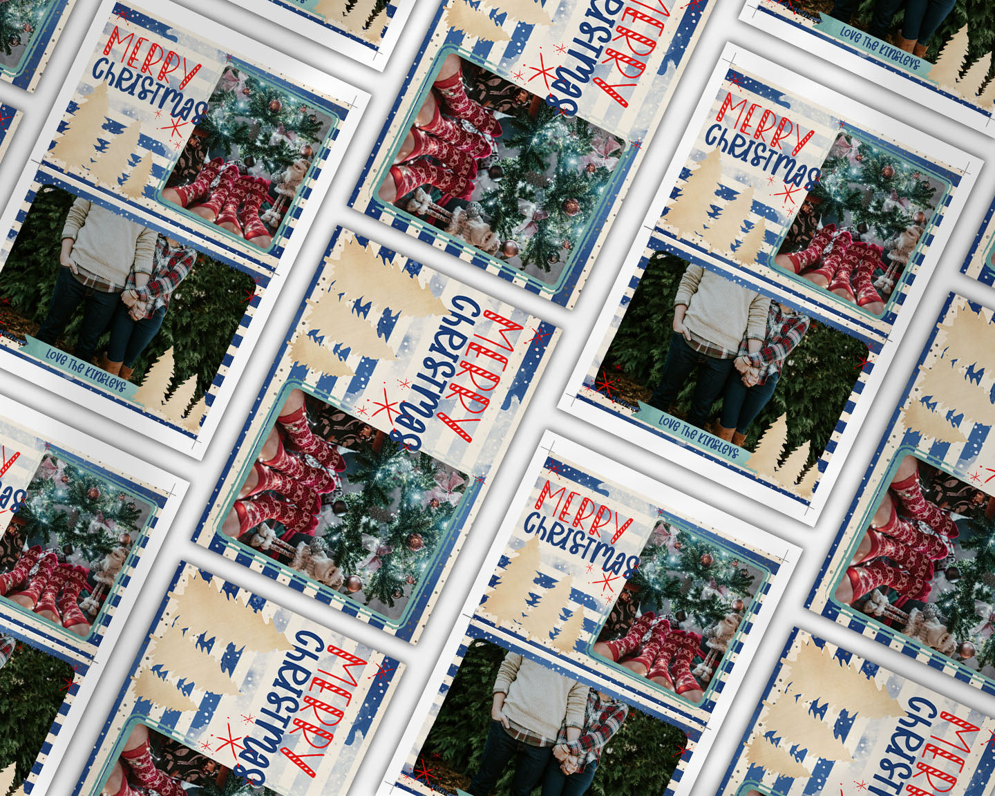 Mery Christmas Gold Trees Blue Stripes Custom Photo Christmas Card