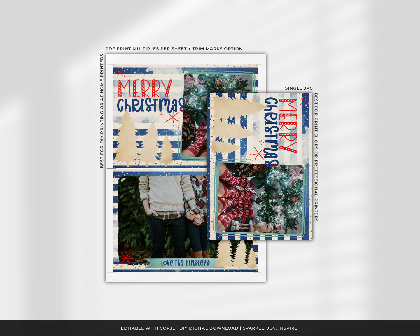 Mery Christmas Gold Trees Blue Stripes Custom Photo Christmas Card