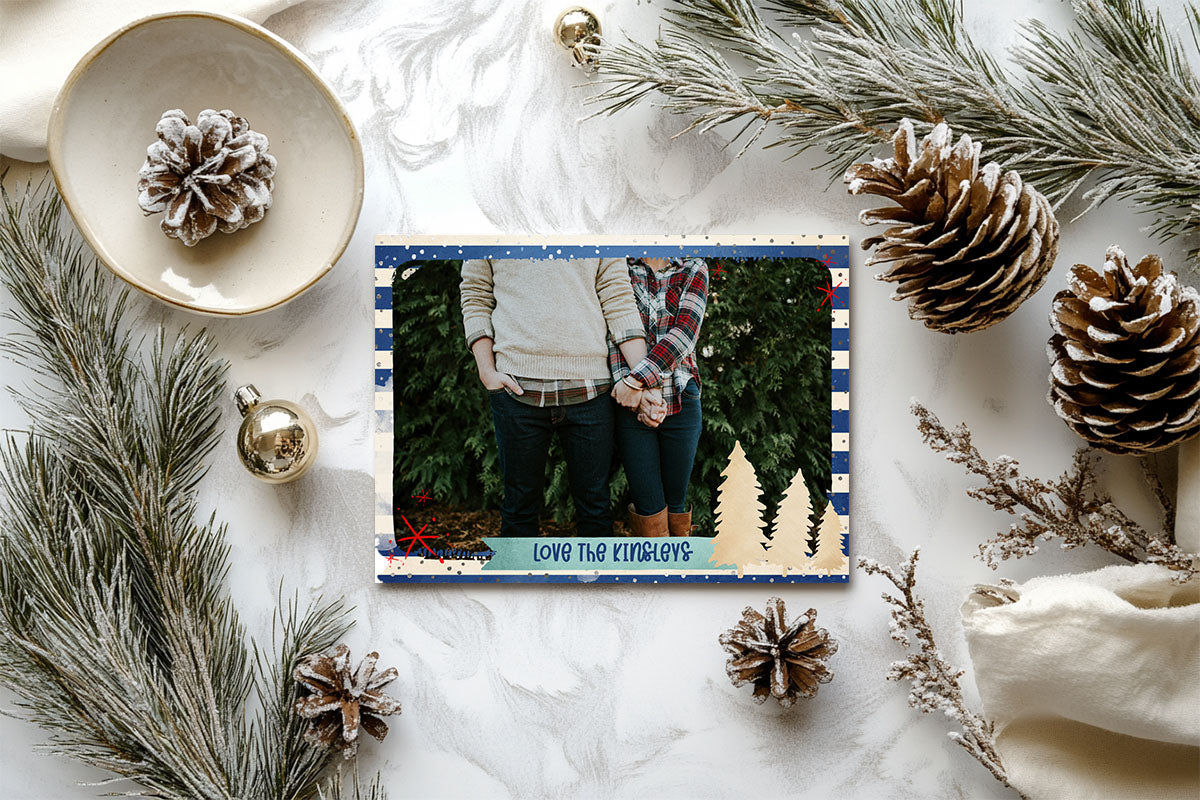 Mery Christmas Gold Trees Blue Stripes Custom Photo Christmas Card