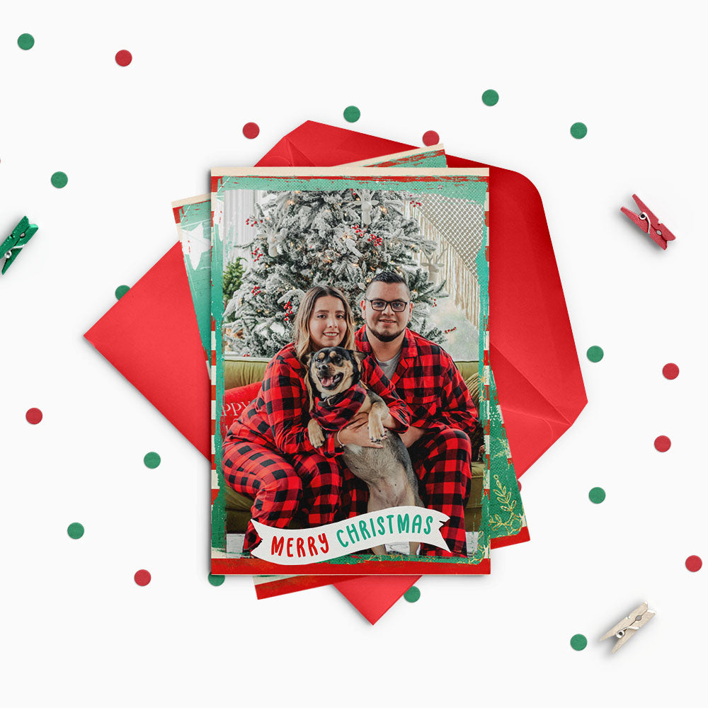 Bright & Bold Red Striped Green Custom Photo Christmas Card