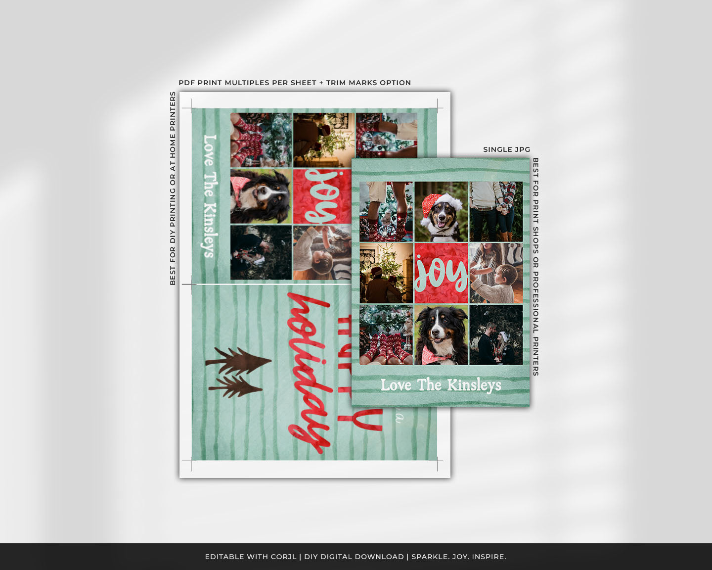 Watercolor Striped Bronze Pine Collage Custom Photo Christmas Card