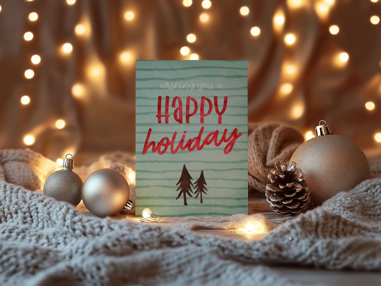 Watercolor Striped Bronze Pine Collage Custom Photo Christmas Card