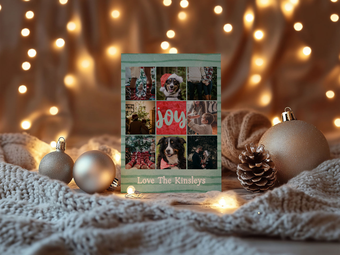 Watercolor Striped Bronze Pine Collage Custom Photo Christmas Card