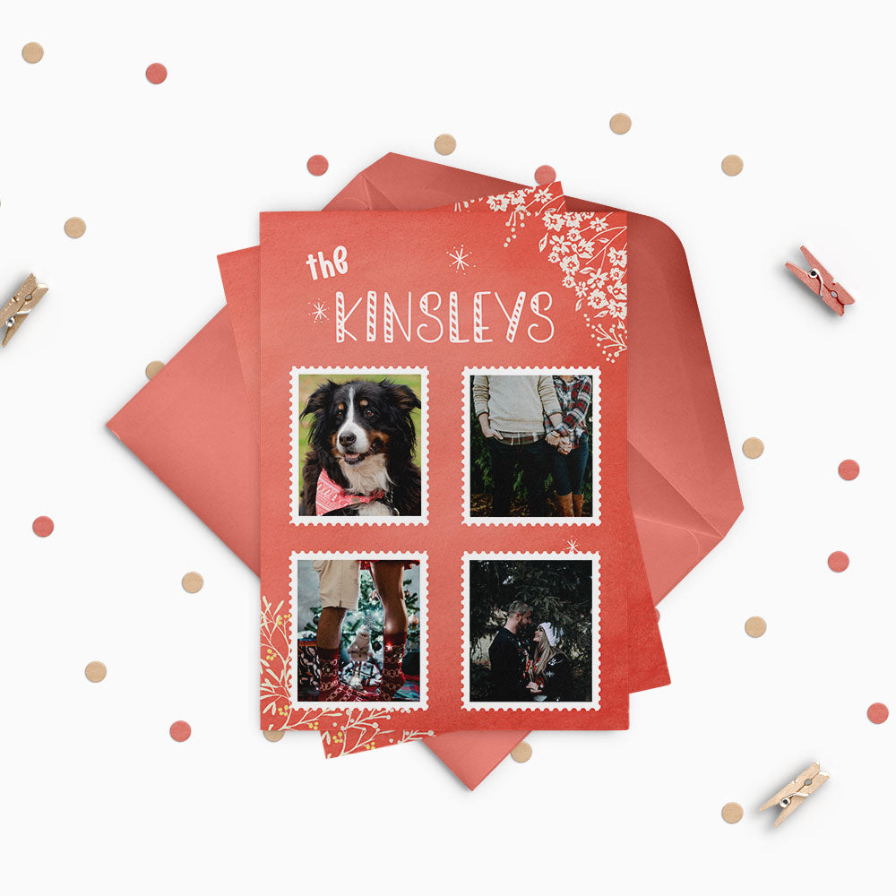 Watercolor Red Florals Custom Photo Christmas Card