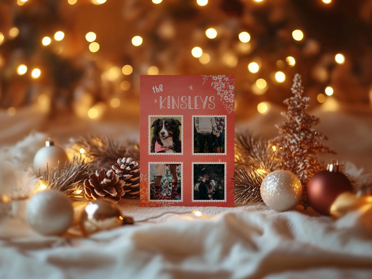 Watercolor Red Florals Custom Photo Christmas Card